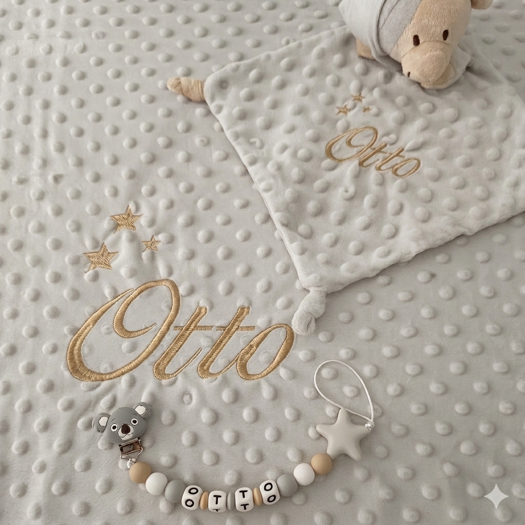 Manta Con Dudú Gris Bordado en Crudo +Chupetero Personalizado