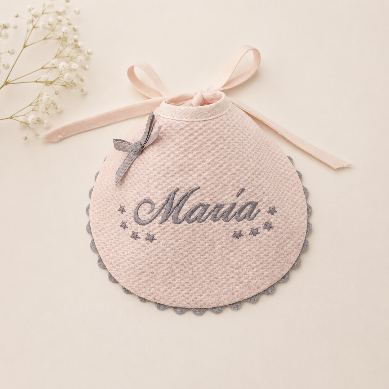 Babero en Piqué Rosa & Gris Personalizable