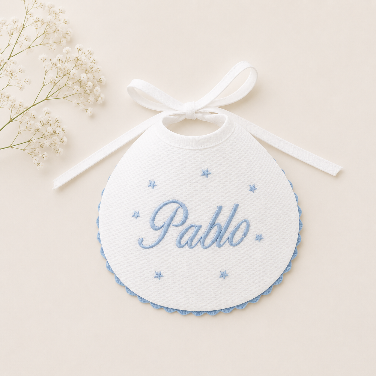 Babero en Piqué Blanco & Azul Constelación Personalizable